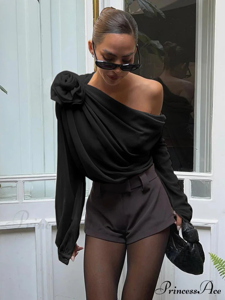 Chiffon Semi-sheer One Trendy Shoulder Asymmetrical Top Black / XS