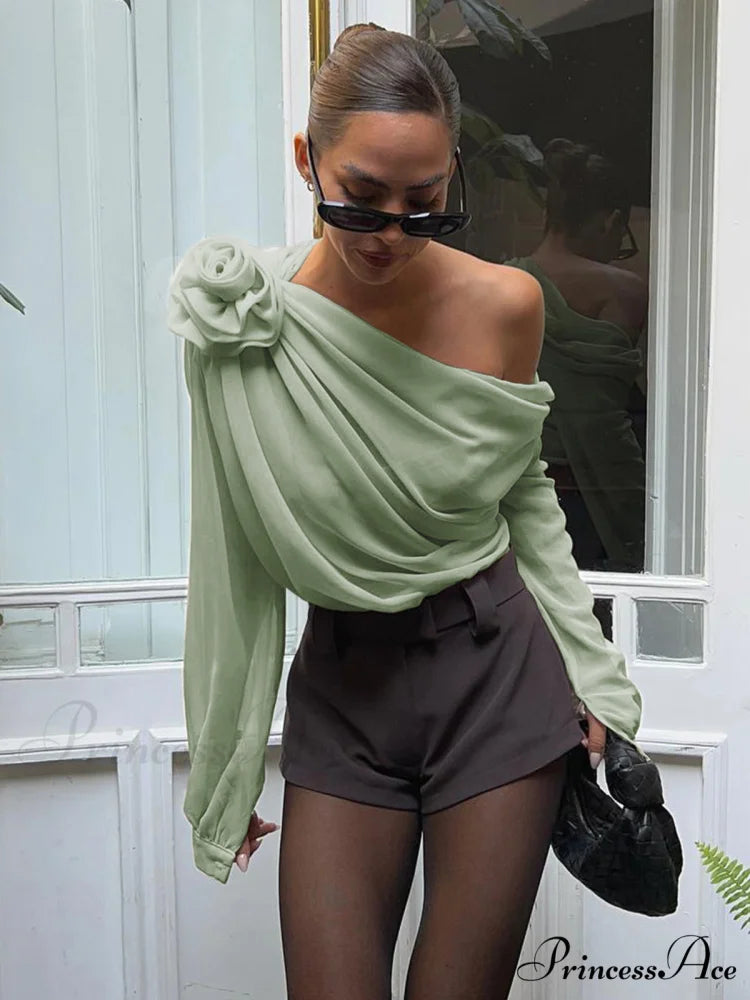 Chiffon Semi-sheer One Trendy Shoulder Asymmetrical Top LightGreen / XS