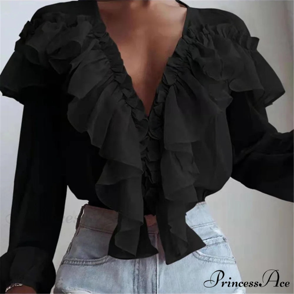 Chiffon Shirt Work Casual Lady Solid Color Black Blouse / S
