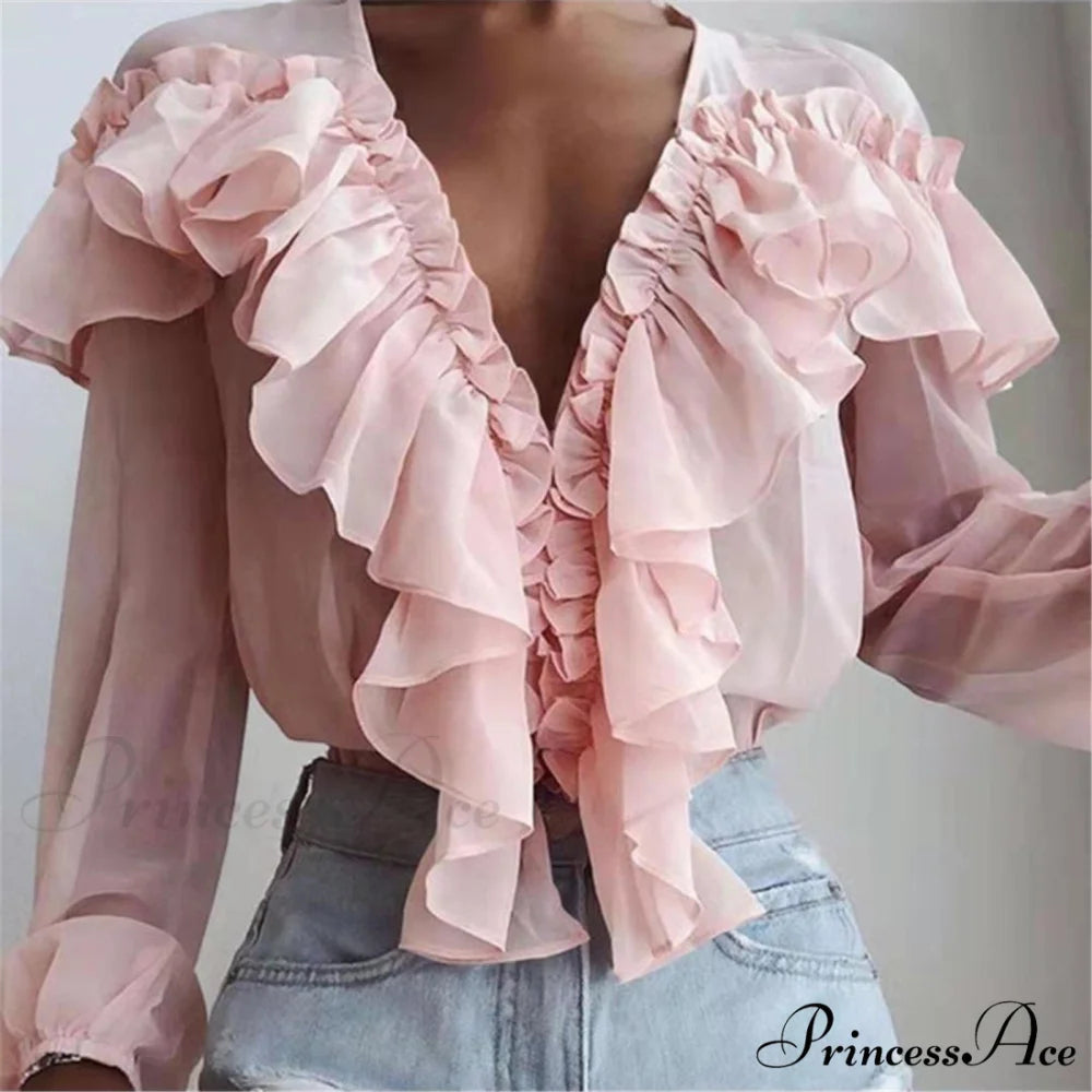 Chiffon Shirt Work Casual Lady Solid Color Pink Blouse / S