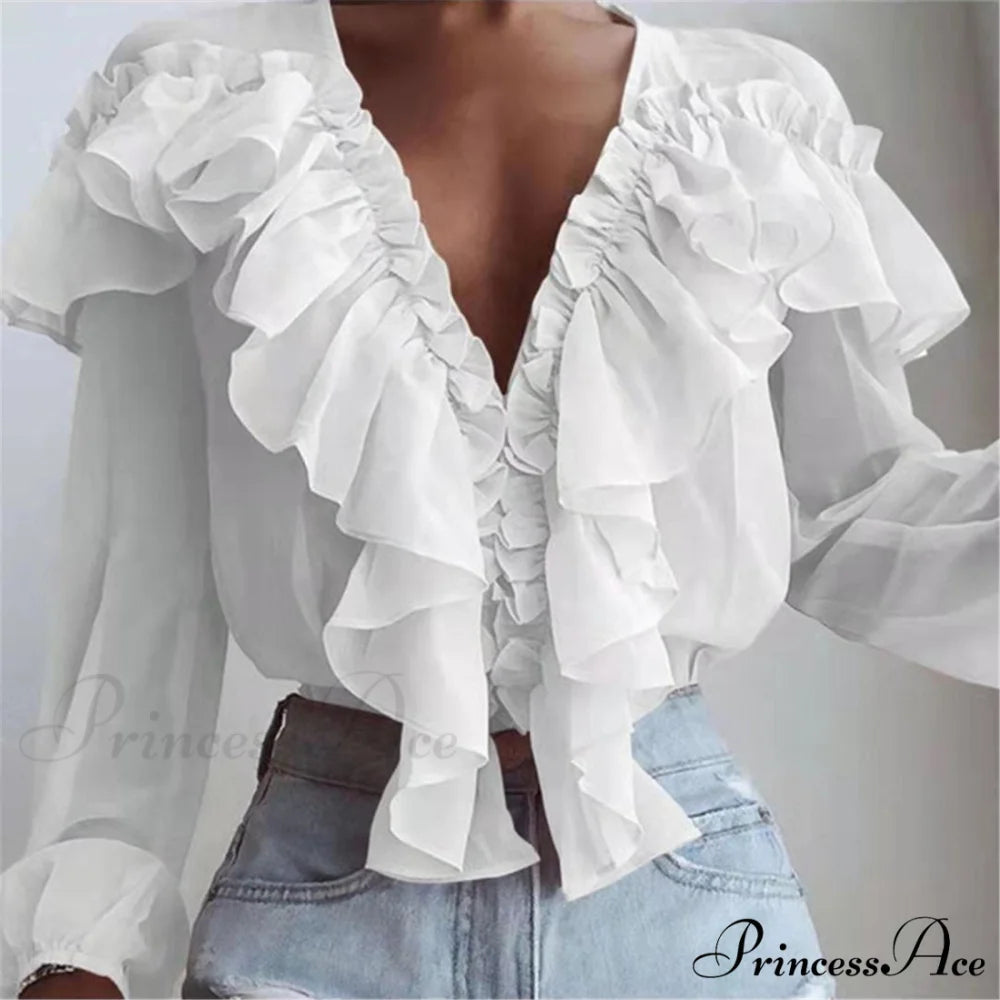 Chiffon Shirt Work Casual Lady Solid Color White Blouse / S