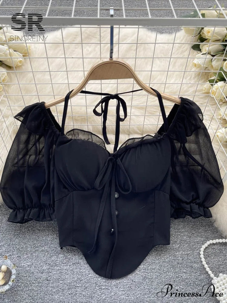 Chiffon Slim Harajuku Sexy Short Blouse short black / One Size