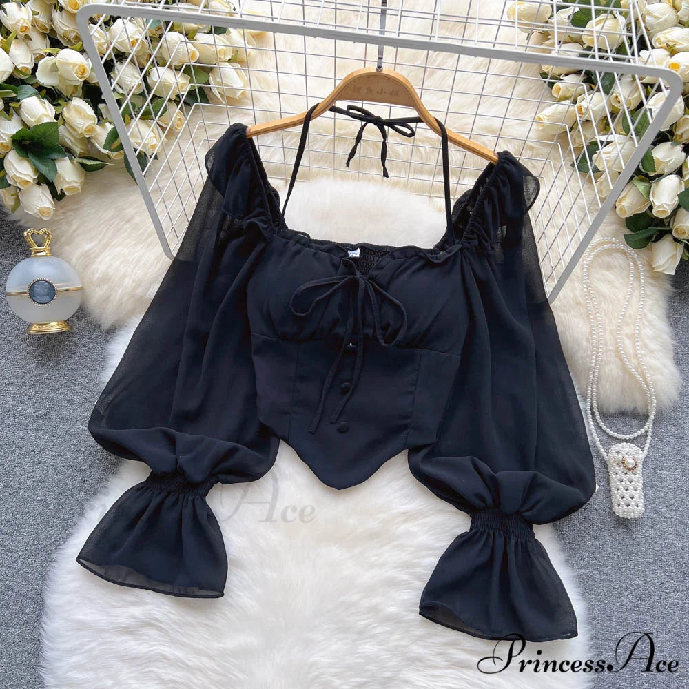 Chiffon Slim Harajuku Sexy Short Blouse Black / One Size