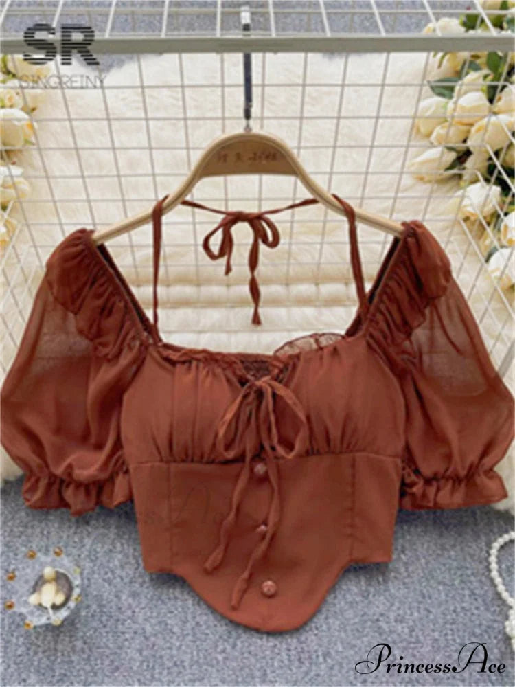 Chiffon Slim Harajuku Sexy Short Blouse short brown / One Size
