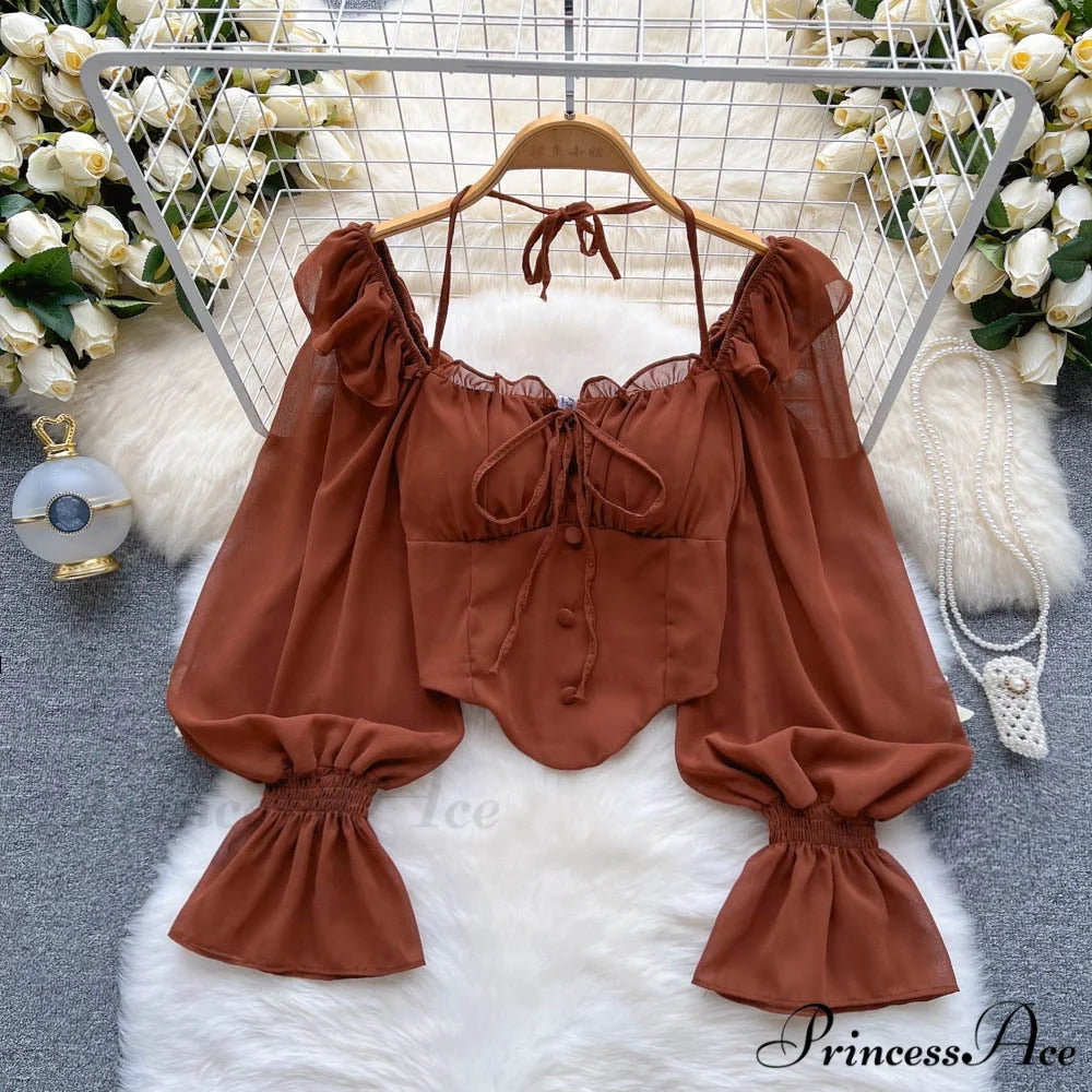 Chiffon Slim Harajuku Sexy Short Blouse light brown / One Size
