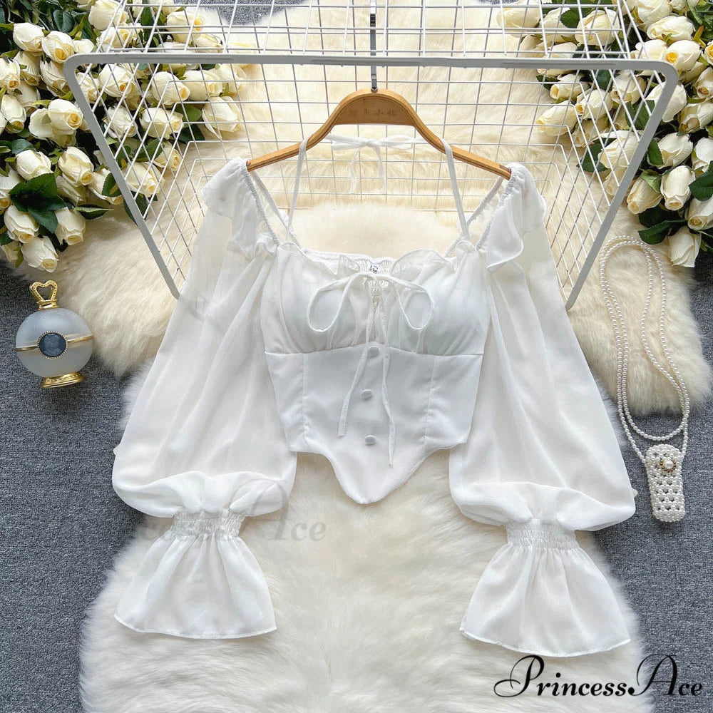 Chiffon Slim Harajuku Sexy Short Blouse White / One Size