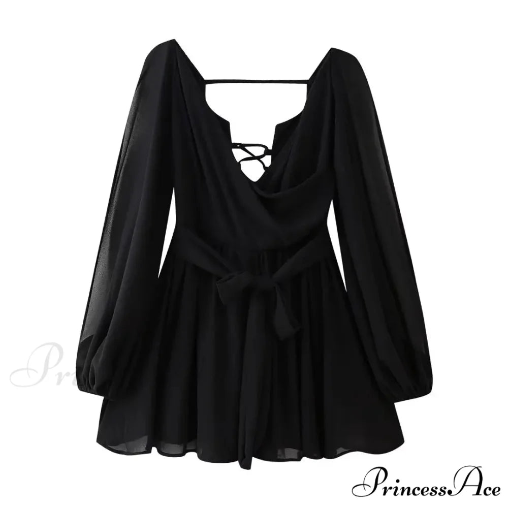 Chiffon Slit Long Sleeve Graceful Lace Up Mini Dress Black / S