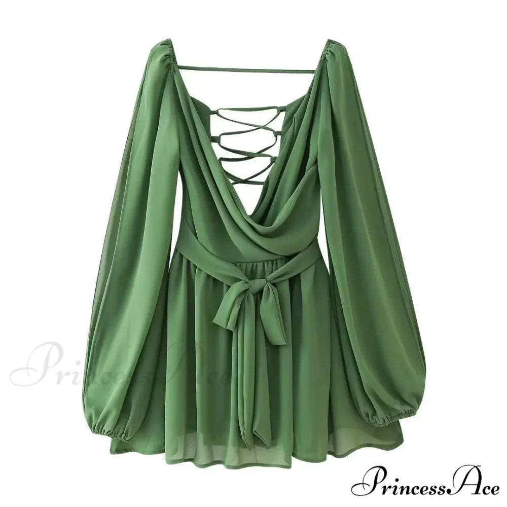 Chiffon Slit Long Sleeve Graceful Lace Up Mini Dress Green / S