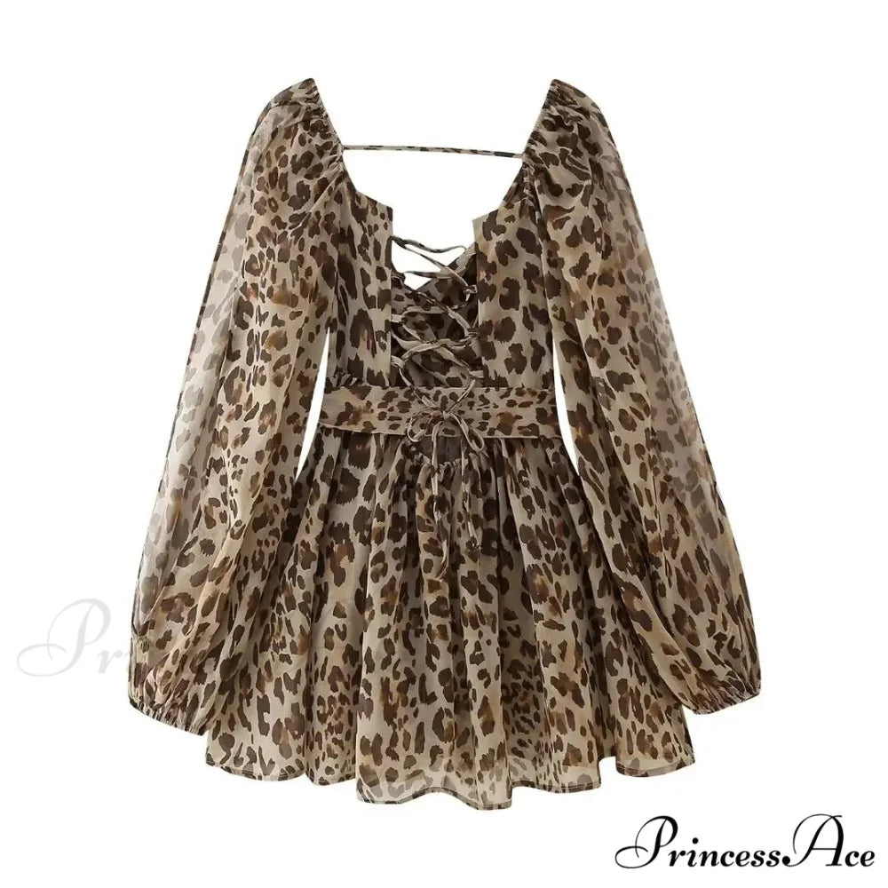 Chiffon Slit Long Sleeve Graceful Lace Up Mini Dress Leopard print / S