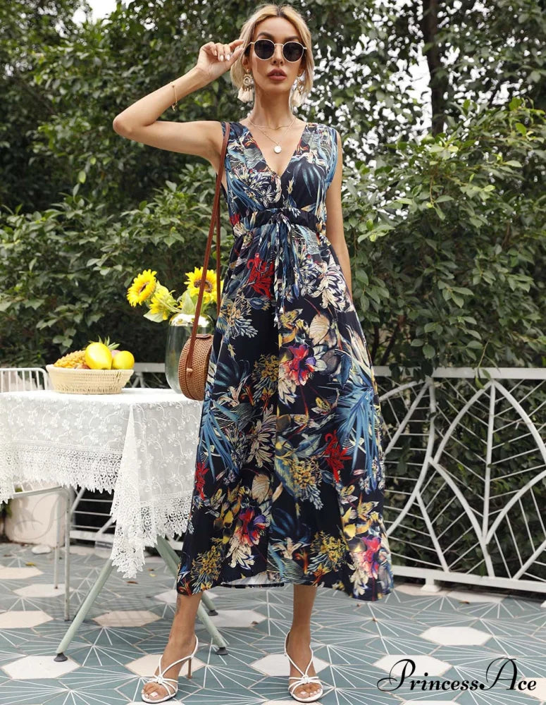 Chiffon Summer Dress with Print - Women’s Boho Beach Midi Style M / PURPLE