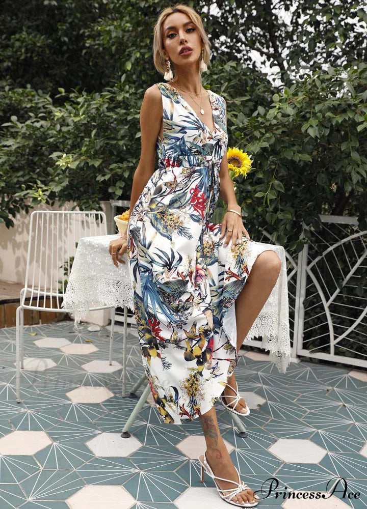 Chiffon Summer Dress with Print - Women’s Boho Beach Midi Style M / WHITE