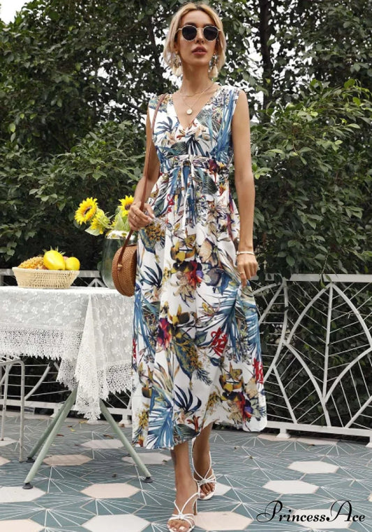 Chiffon Summer Dress with Print - Women’s Boho Beach Midi Style S / WHITE