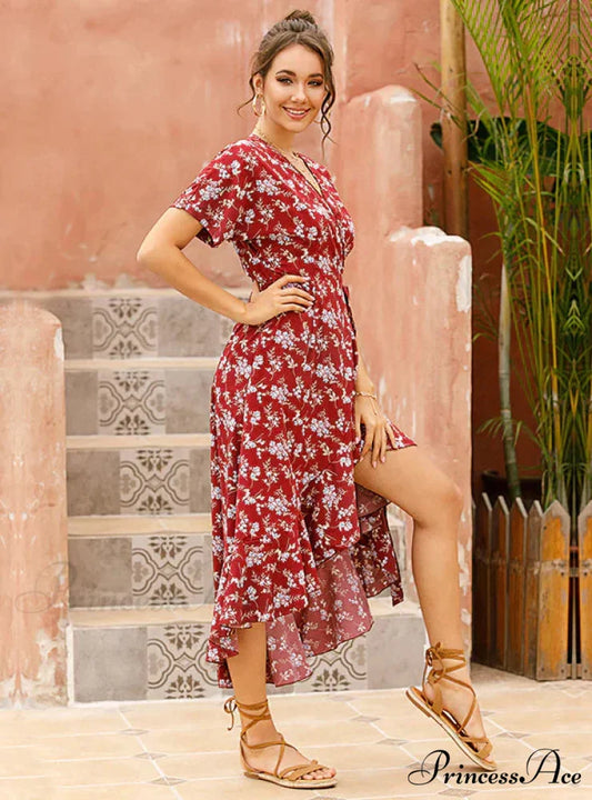 Chiffon V-Neck Flowered Dress S / yellow