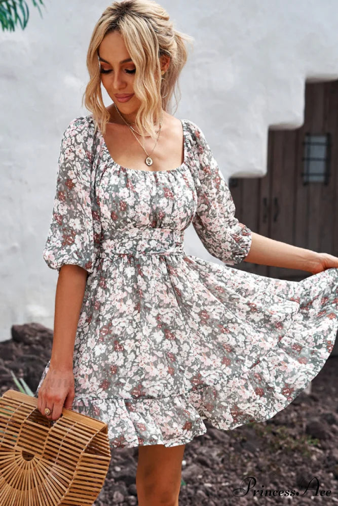 Chiffon with Word Flowered Ruffled Gown Collar L / GREEN