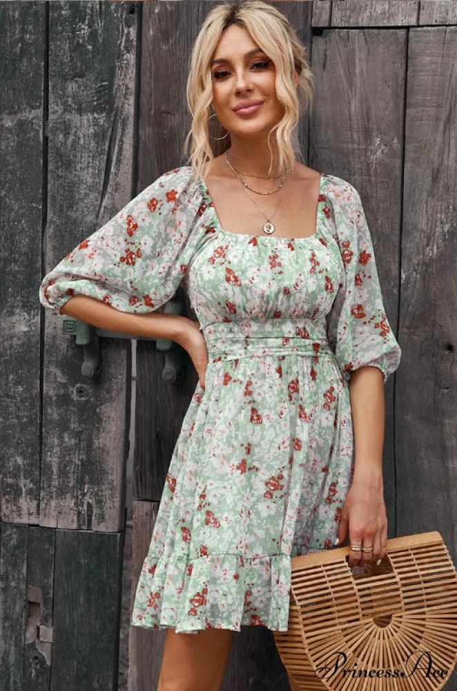 Chiffon with Word Flowered Ruffled Gown Collar M / GREEN