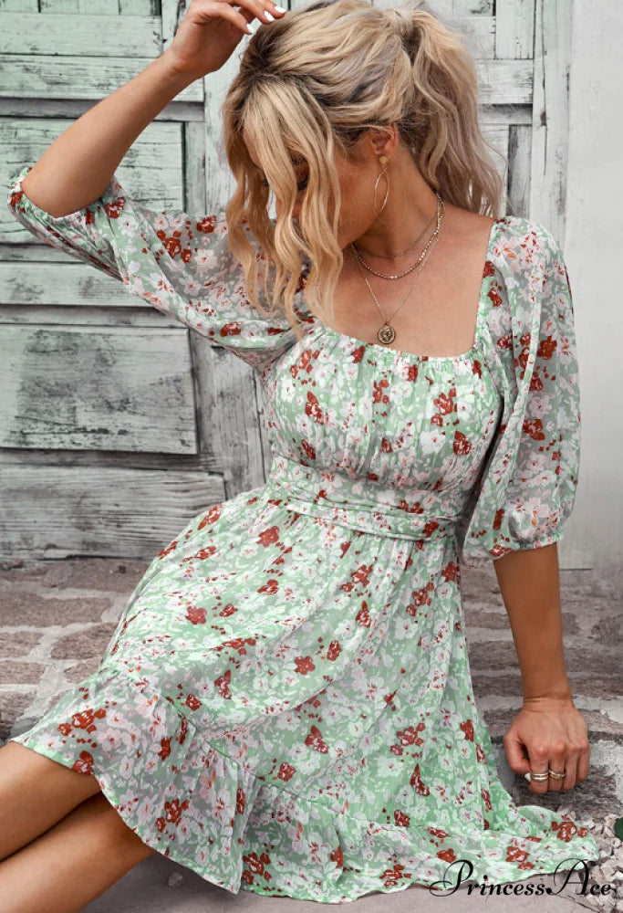 Chiffon with Word Flowered Ruffled Gown Collar M / KHAKI