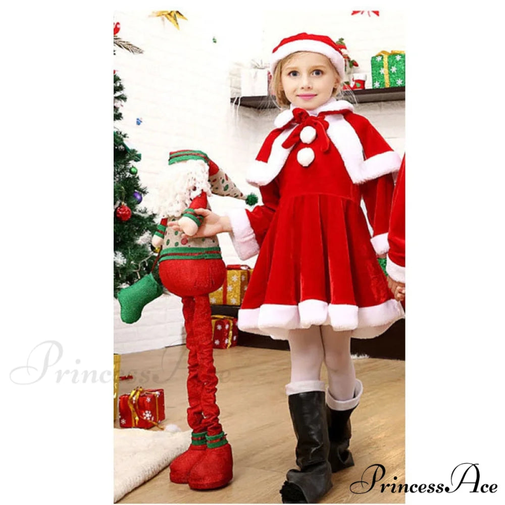 Child Christmas Santa Claus Dress Pants Tops Hat Cloak Belt Sets Girl-3 Pcs Set / 120cm 5t-6t