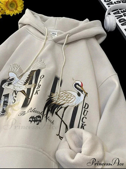 Chinese Heron Pullover Hoodie Beige / M(40-45KG) hoodies-241228