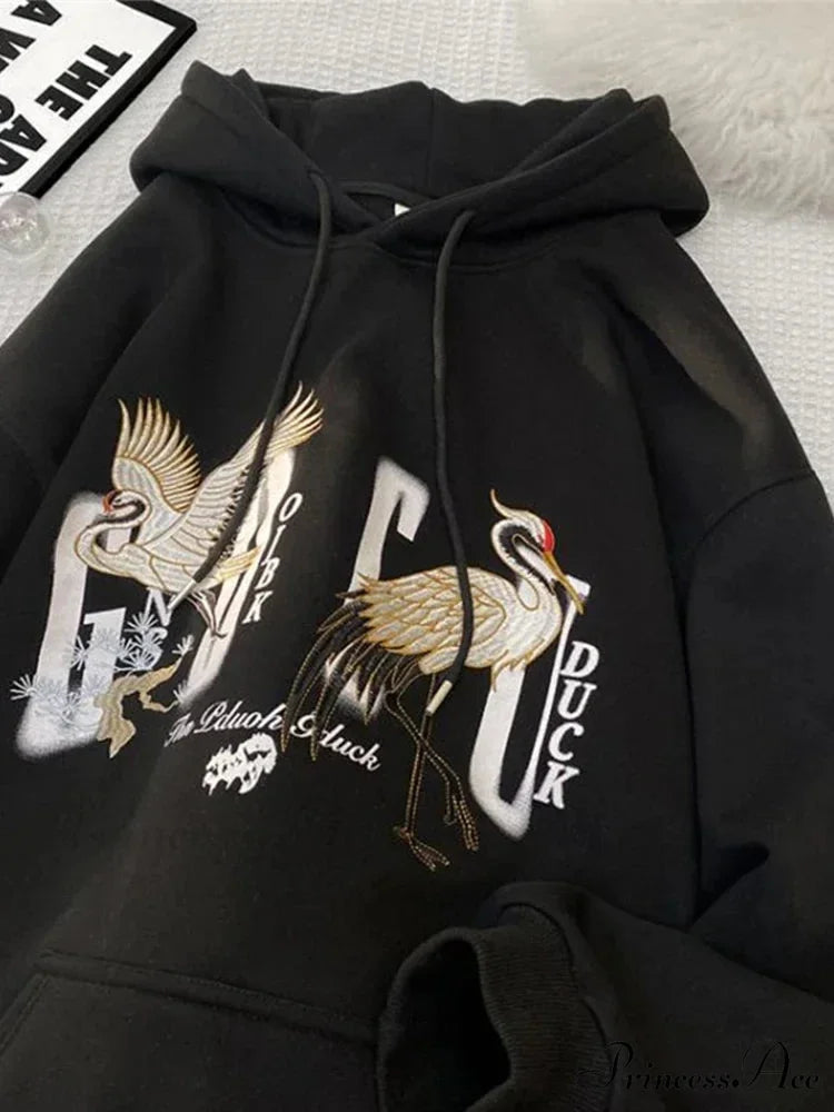 Chinese Heron Pullover Hoodie Black / M(40-45KG) hoodies-241228