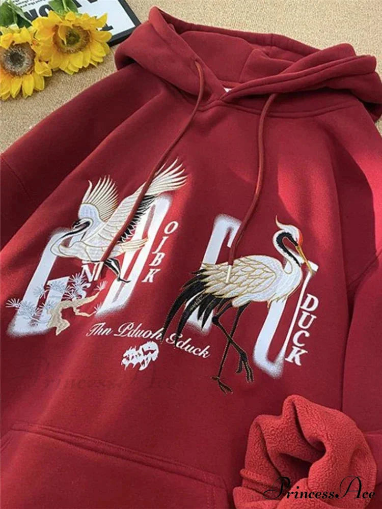 Chinese Heron Pullover Hoodie Red / M(40-45KG) hoodies-241228