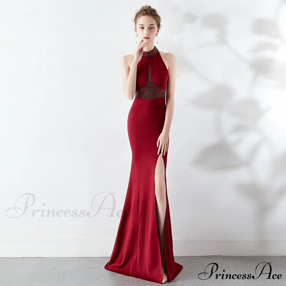 Chloe Formal Hot Charming Stone Collar Stunning Dress BURGUNDY / XS