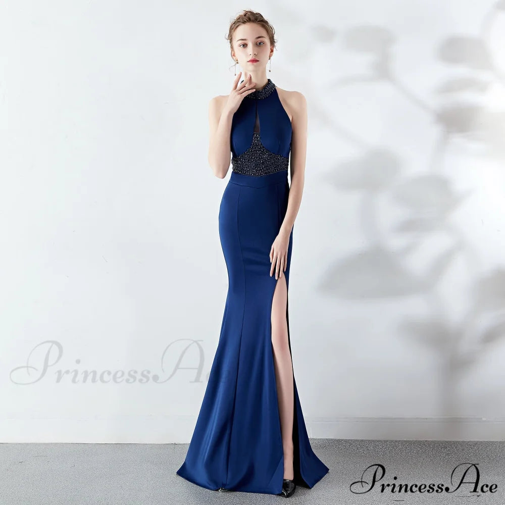 Chloe Formal Hot Charming Stone Collar Stunning Dress NAVY / XS