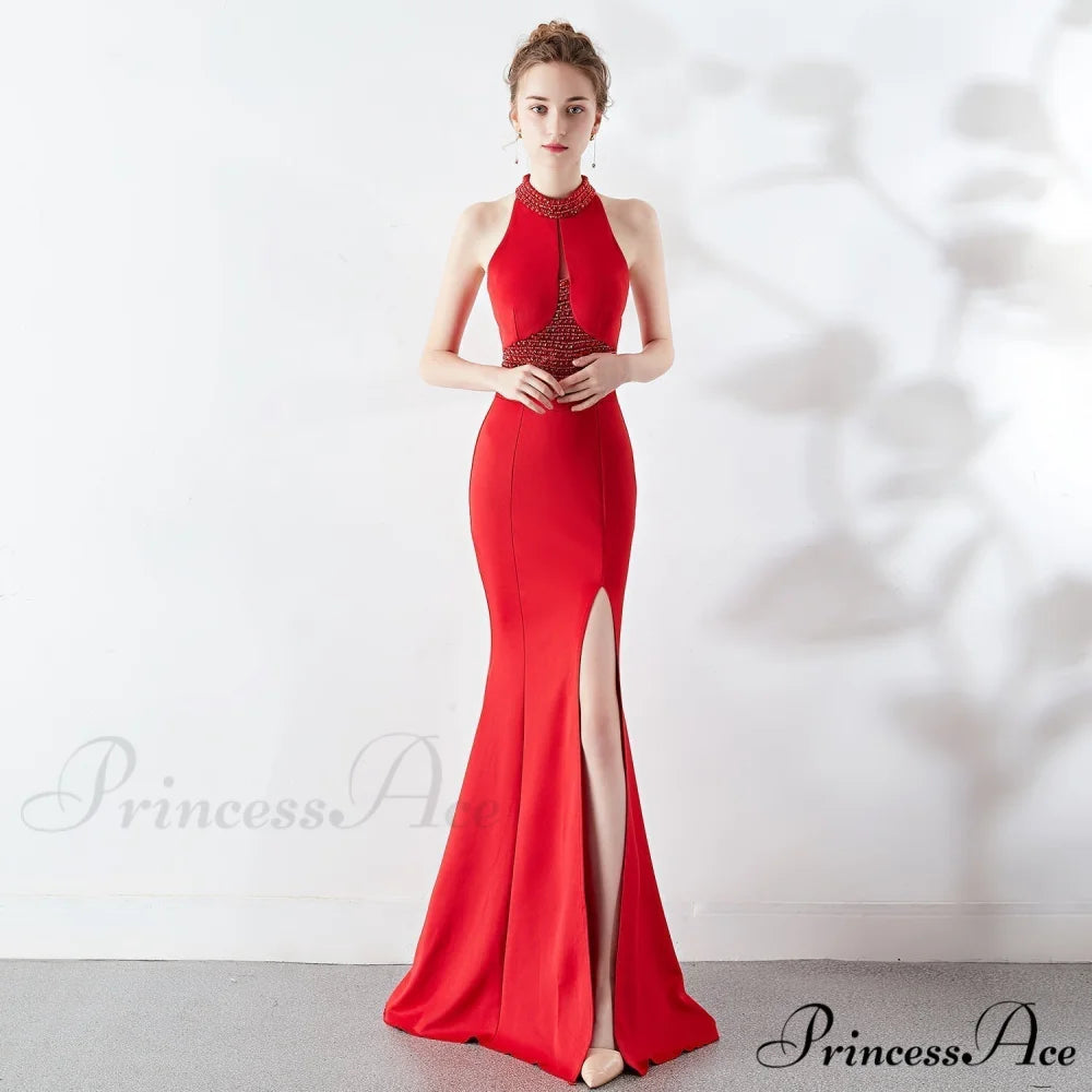 Chloe Formal Hot Charming Stone Collar Stunning Dress RED / XS