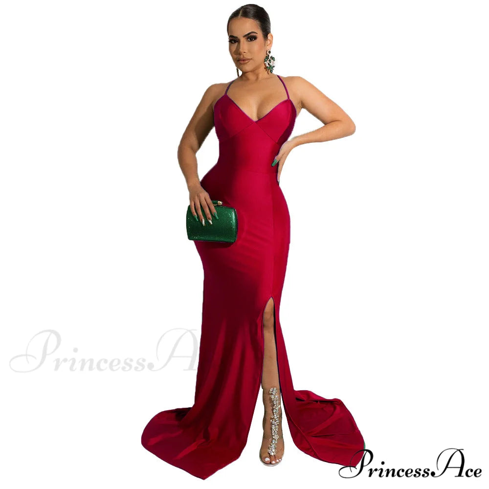 Chloe Lace-Up Stylish Back Formal Dress Claret / S