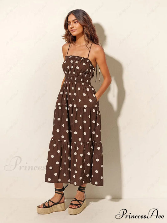 Chocolate And Ivory Polka Dot Trendy Print Pleated Elastic Strap Dress