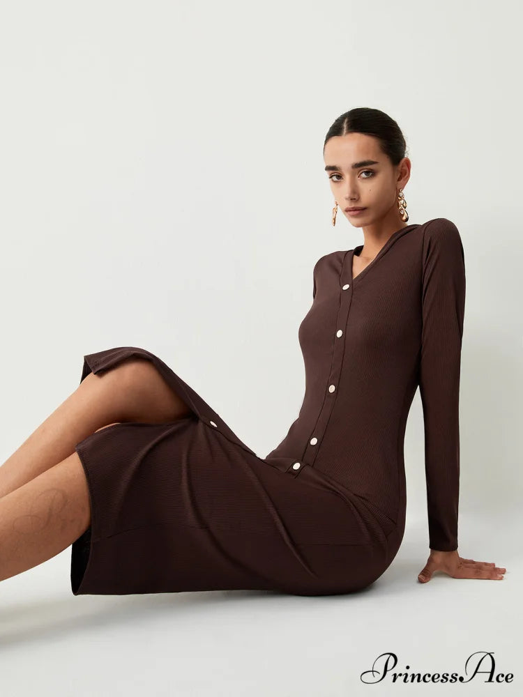 Chocolate Button Down Trendy Long Sleeve Midi Dress