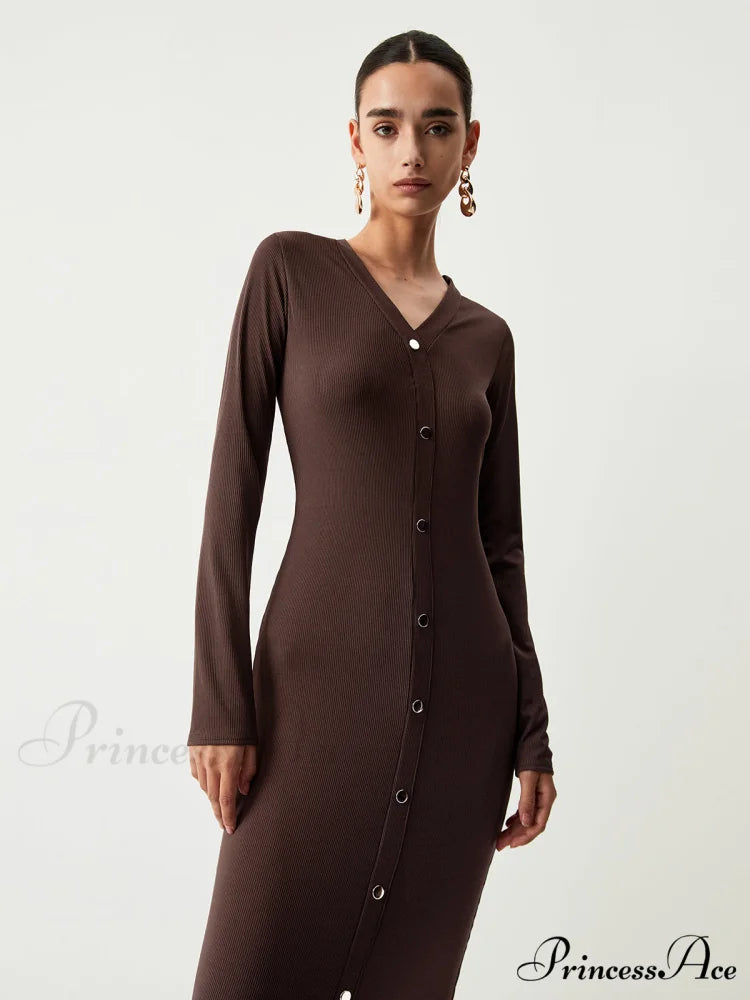 Chocolate Button Down Trendy Long Sleeve Midi Dress