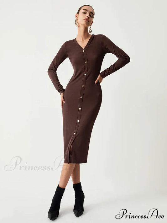 Chocolate Button Down Trendy Long Sleeve Midi Dress Brown / S