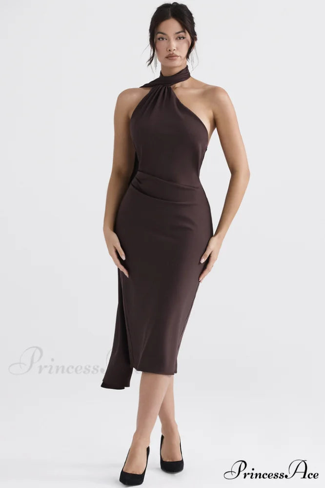 Chocolate Wrap Stylish Neck Midi Dress