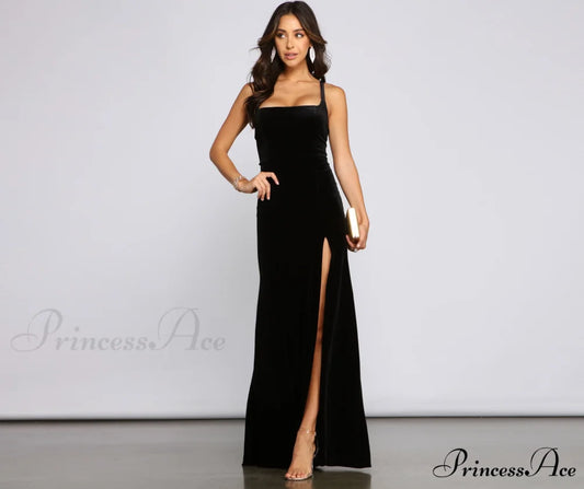 Christina Lace-Up Stylish Back Velvet Dress BLACK / XS