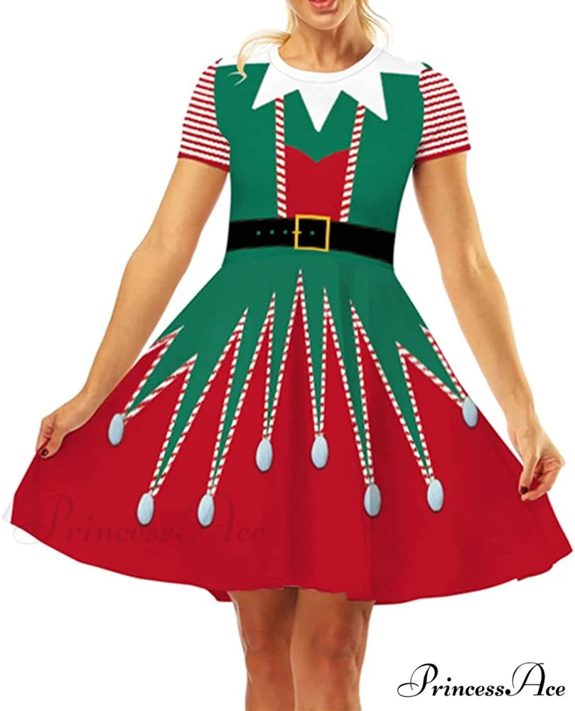 Christmas 3D Print Short Sleeve Unique Casual Flared Midi Dress Christmas Happy Elf / Large-X-Large