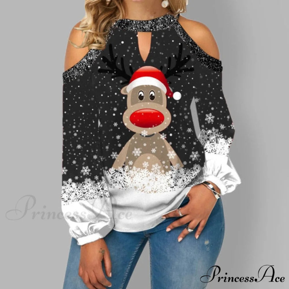 Christmas Casual Off Shoulder Printed Cute Top Black1 / S