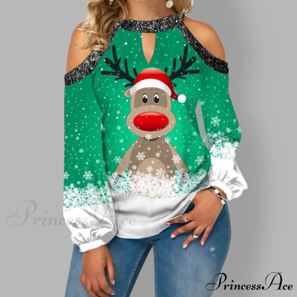 Christmas Casual Off Shoulder Printed Cute Top Green / S