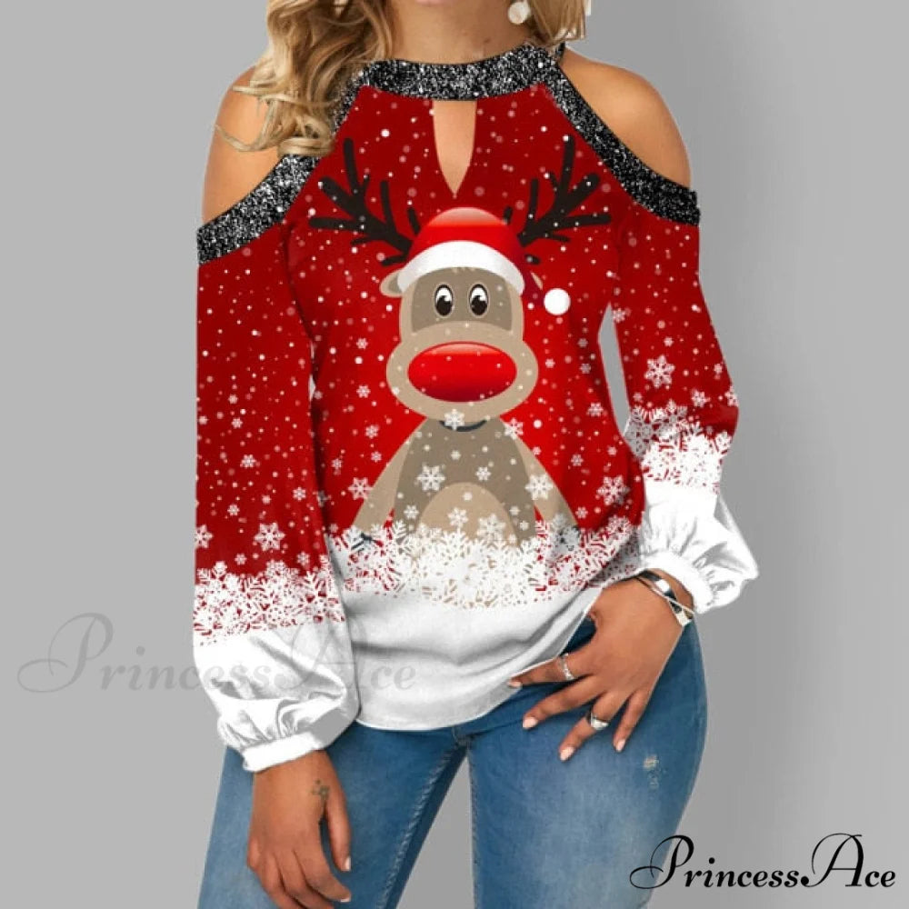 Christmas Casual Off Shoulder Printed Cute Top Red / S