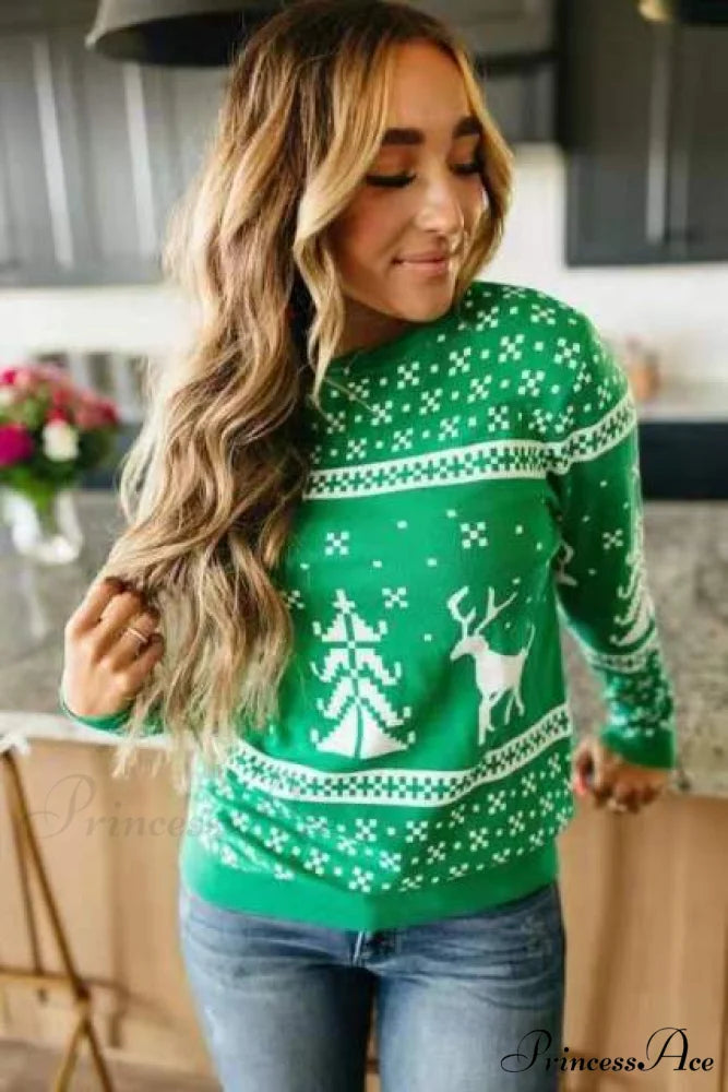 Christmas Classic Deer Printed Knitted Sweater Green / S