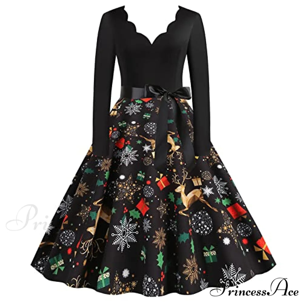Christmas Classic Tea Long Sleeve V Neck Dresses 01-black / 3X-Large