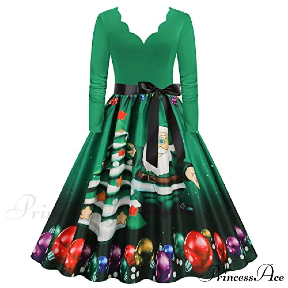 Christmas Classic Tea Long Sleeve V Neck Dresses 09-green / 3X-Large