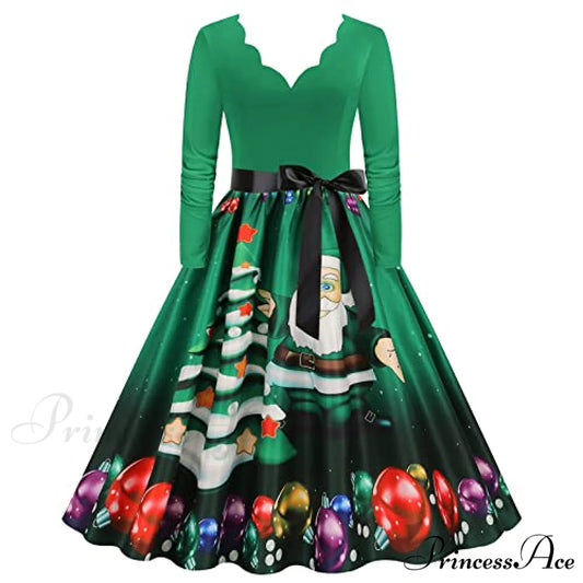 Christmas Classic Tea Long Sleeve V Neck Dresses 09-green / 3X-Large