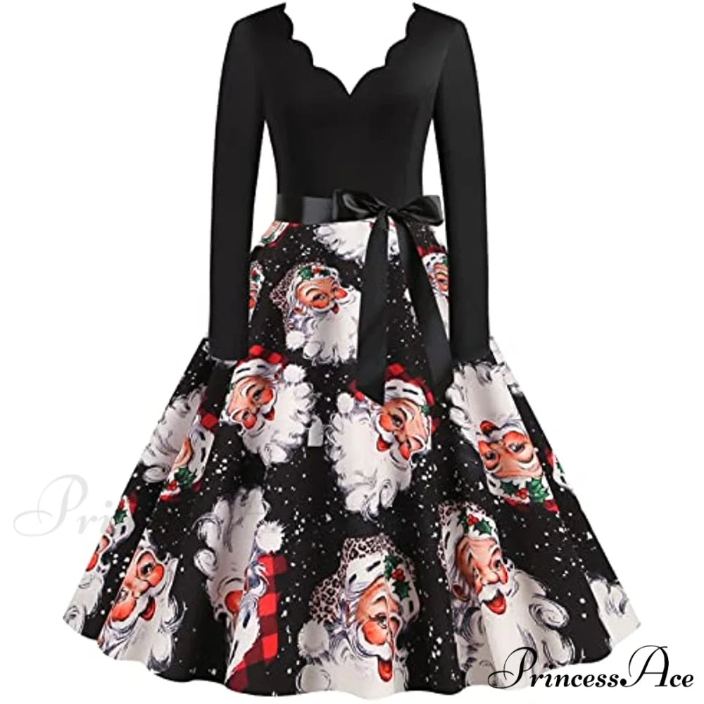 Christmas Classic Tea Long Sleeve V Neck Dresses