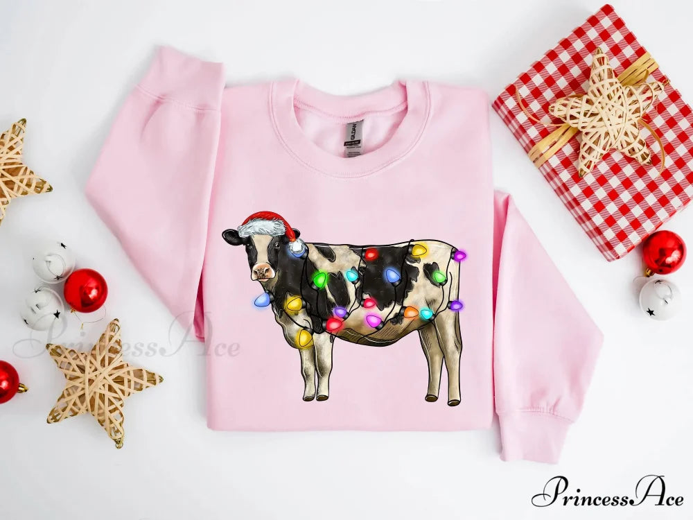 Christmas Cow Lights Hoodie - Farm Sports Model Pink / S Christmas Hoodies-L