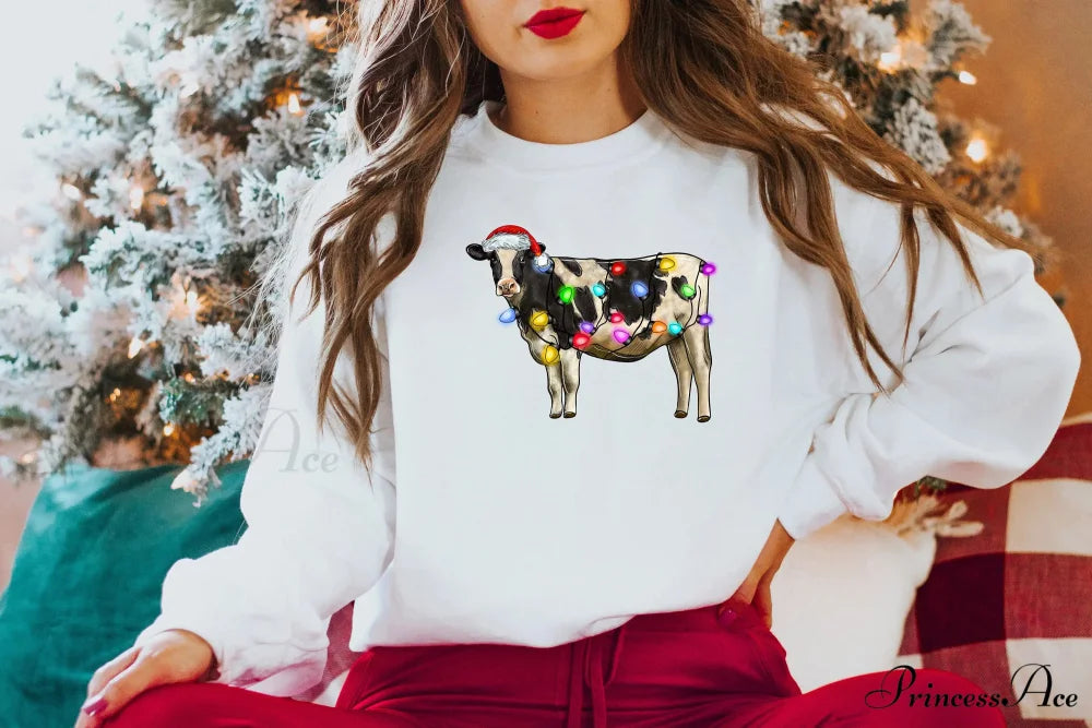 Christmas Cow Lights Hoodie - Farm Sports Model WHITE / S Christmas Hoodies-L