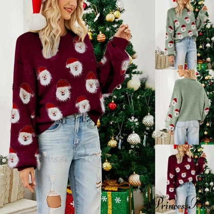 Christmas Cozy Cute Santa Head Round Neck Casual Oversized Warm Winter Sweater