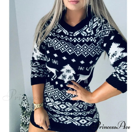 Christmas Deer Knitted Long Sleeve Sweater Dress black / S
