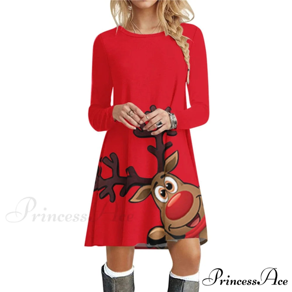 Christmas Deer Long Sleeve 3D Print Mini Dress CXLYQ045 / S