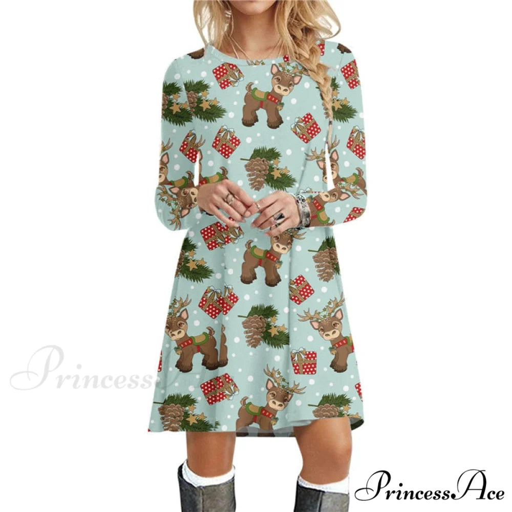 Christmas Deer Long Sleeve 3D Print Mini Dress CXLYQ047 / S