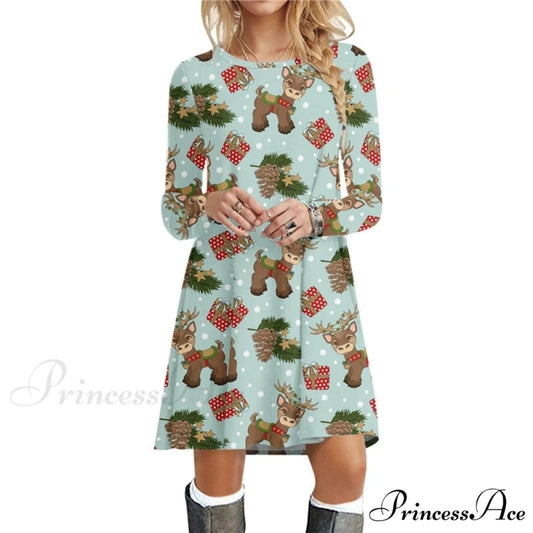 Christmas Deer Long Sleeve 3D Print Mini Dress CXLYQ047 / S